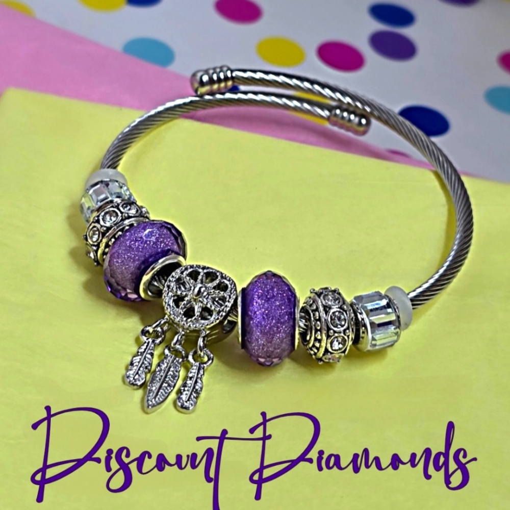 Purple & Silver Open Back  Expandable Dreamcatcher Bracelet